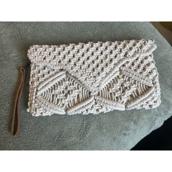 Macrame Lined Hand Bag Cream Clutch Purse Leather Strap Made In India Preloved - Picture 2 of 10